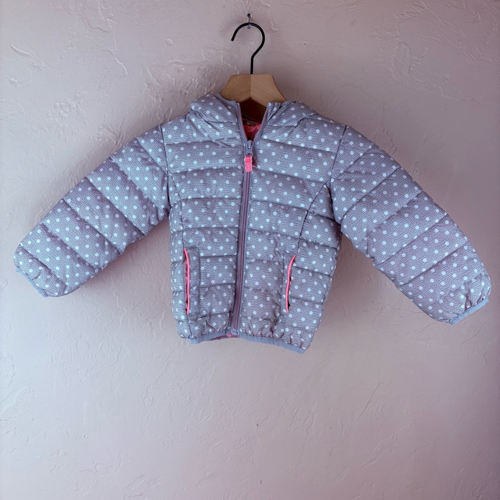 Rokka & Rolla Gray Polka Dot Kids Puffer Jacket Coat Hooded Girls 2T